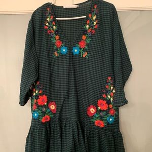 Green and black checkered embroidered dress (ZARA)